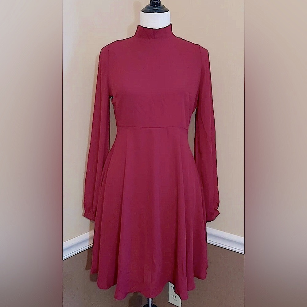 Burgundy High Neck A-line Retro Long Sleeve ModCloth Dress by Coco Love Medium